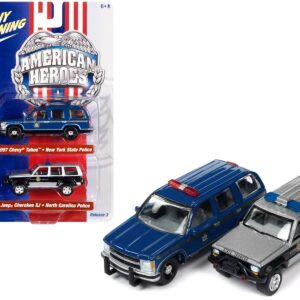 1997 Chevrolet Tahoe “New York State Trooper” Blue with Gold Stripes and Jeep Cherokee XJ “North Carolina State Trooper” Black and Silver “American Heroes” Series Set of 2 Cars 1/64 Diecast Model Cars by Johnny Lightning