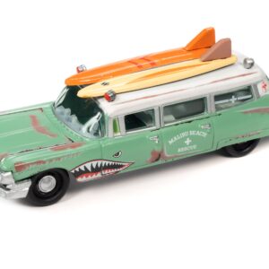 1950 Mercury Woody Wagon Matt Black w/ Wood Panels “Nomad Surf Shop” & 1959 Cadillac Ambulance Teal w/ Surf Shark Graphics & White Top Rusted “Malibu Beach Rescue” “Surf Rods” Set 2 Cars 2-Packs 2023 Release 2 1/64 Diecast Models by Johnny Lightning