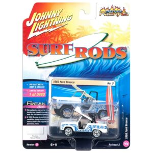 1966 Ford Bronco with Surf Board White and Blue Designs “Street Freaks” Limited Edition to 3460 pieces Worldwide 1/64 Diecast Model Car by Johnny Lightning