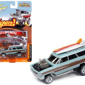 1964 Ford Country Squire Surfin’ Baby Blue with Woodgrain Panels and Surfboard on Roof “Zingers!” Limited Edition to 4764 pieces Worldwide “Street Freaks” Series 1/64 Diecast Model Car by Johnny Lightning