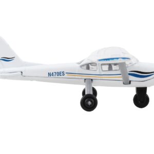 Cessna 172 Aircraft White with Blue and Yellow Stripes “N470ES” with Runway 24 Sign Diecast Model Airplane by Runway24