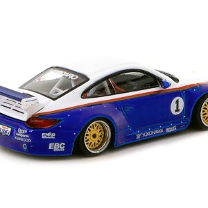 997 Old & New Body Kit #1 Blue Metallic and White with Stripes “Recaro” “Hobby64” Series 1/64 Diecast Model Car by Tarmac Works